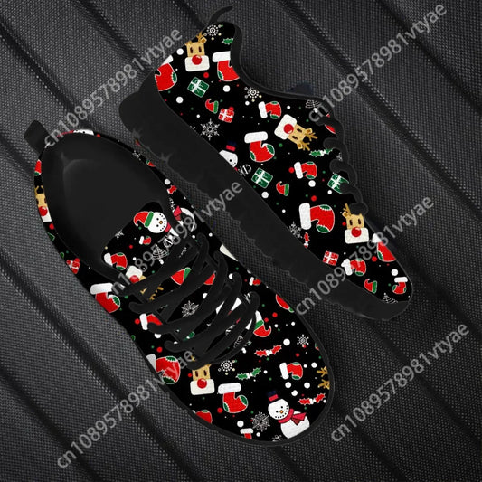 Wear-Resistant Casual Sneakers Santa Claus Snowflake Pattern Lace up Flat Shoes Women Mens Tennis Christmas Gifts