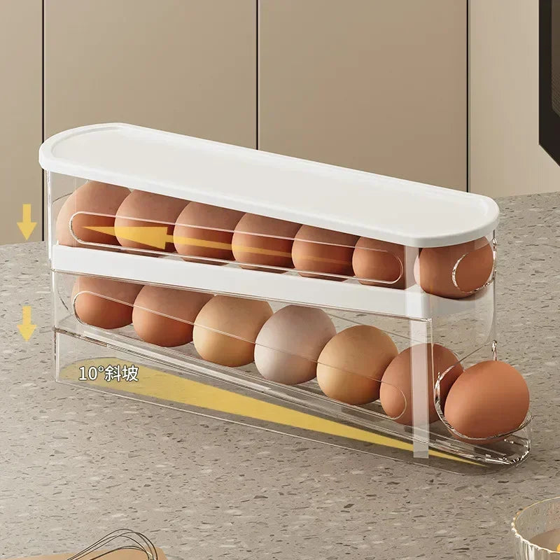 Bilayer Ladder-Style Egg Storage Box – Automatic Rolling Refrigerator Egg Holder & Organizer Rack