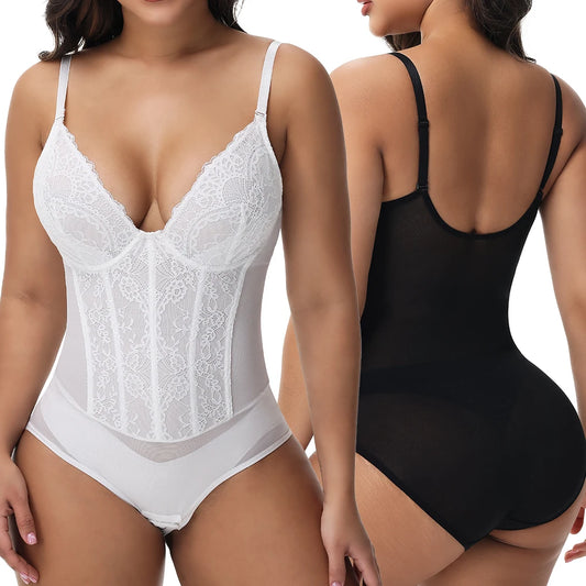 Lace Bodysuit for Women – V-Neck Backless Tummy Control Shapewear