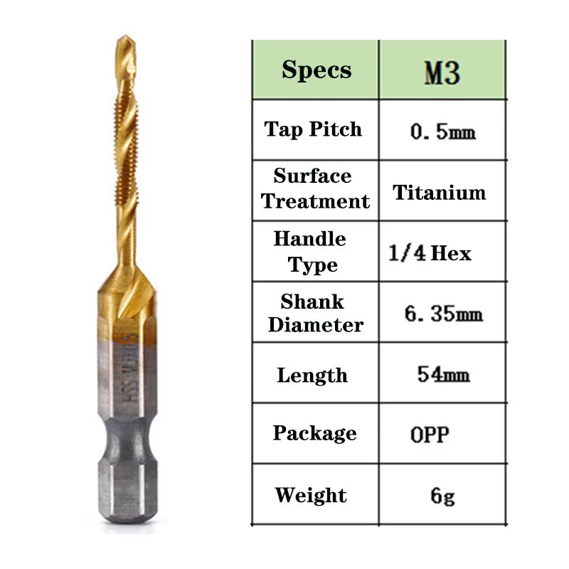 1pcs Hex Shank Titanium Plated HSS Screw Thread Metric Tap Drill Bits Screw Machine Compound Tap M3 M4 M5 M6 M8 M10 Hand Tools
