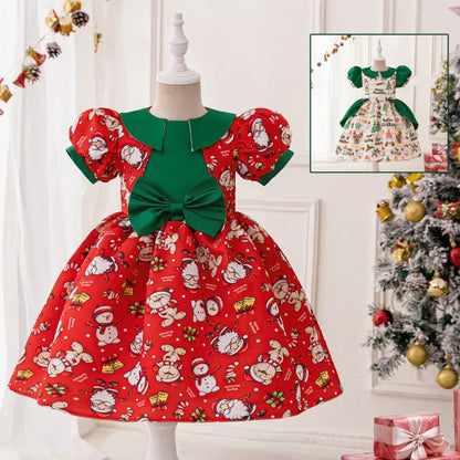 Girls Elegant Dresses Santa Claus Snowflake Print Child Christmas Costume Red Green Kids Princess Dress Party Evening Clothing