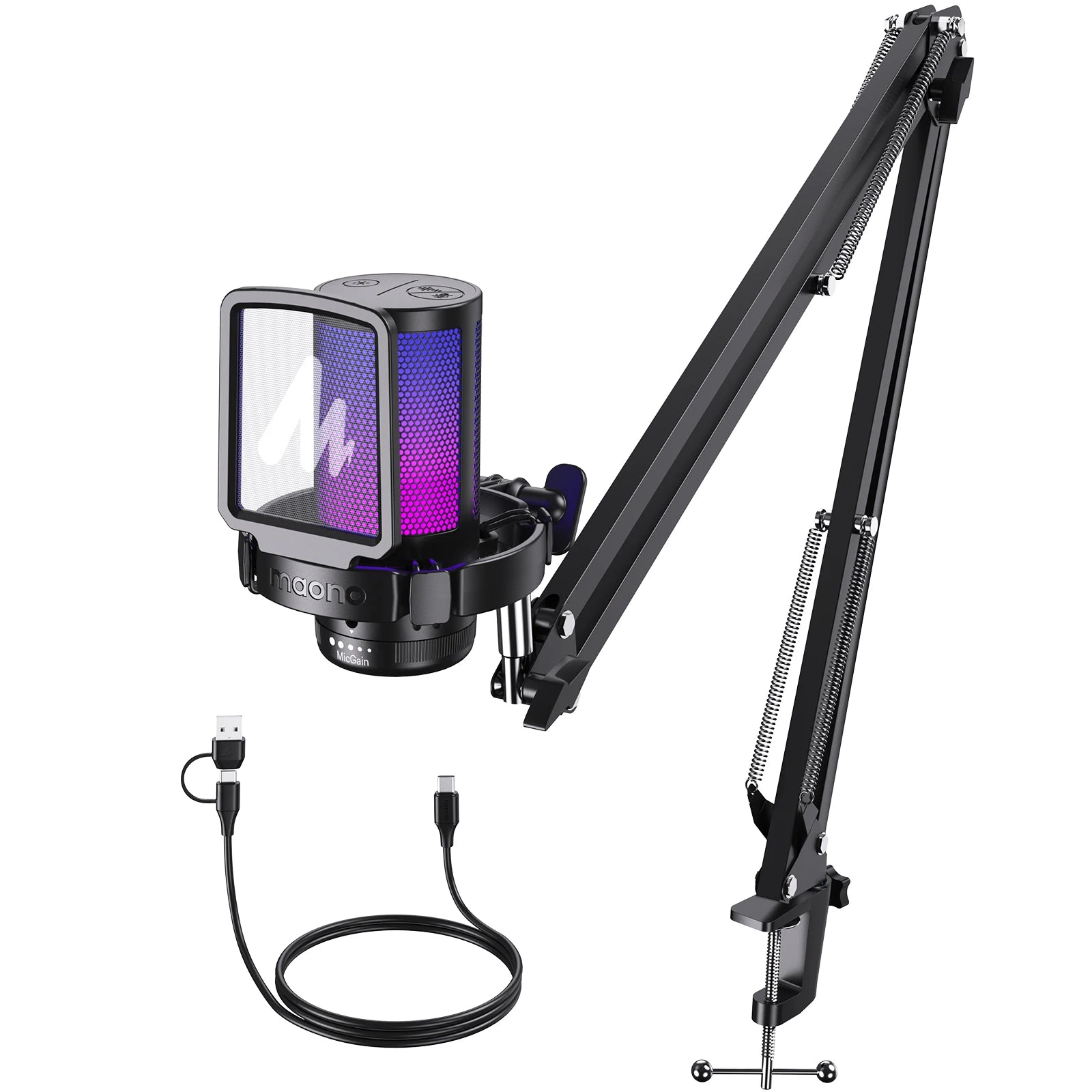 Gamerwave DGM20S USB Microphone Gaming Mic Condenser Mic RGB Mic Noise Canceling Mic with Mic Gain,RGB Light,One key mute