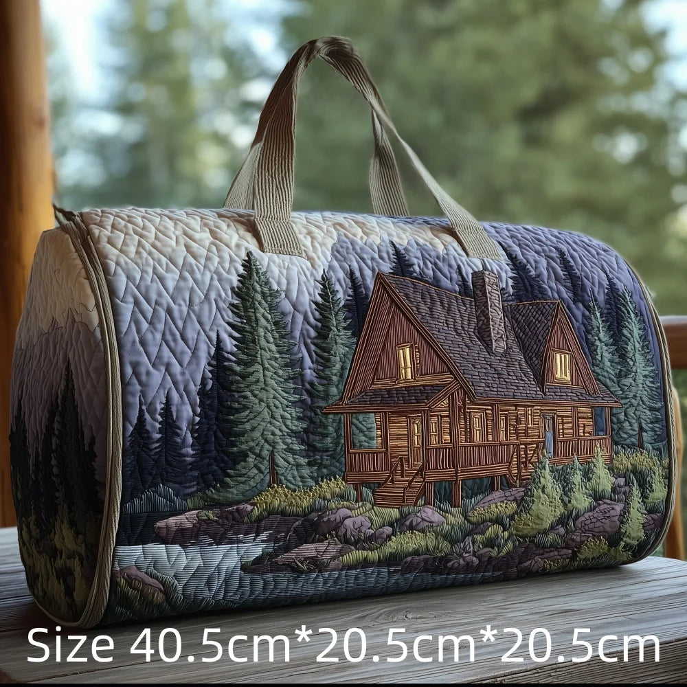3D Print Quilted Duffle Bag Mountain Forest Lake Cabin Scenery Weekend Gym Overnight Bags Carryall Handbag Travel Camping Hiking