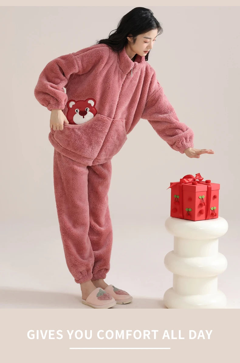 Women’s Winter Flannel Pajama Set – Warm Coral Fleece Loungewear with Cute Bunny Design