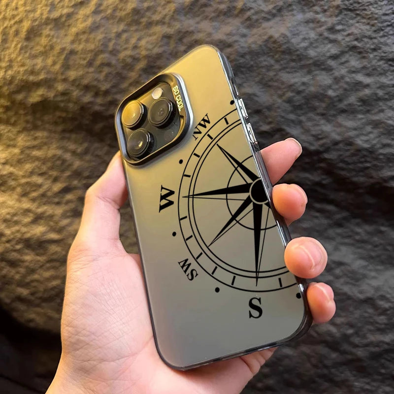 Fashion Vintage Compass Phone Case for iPhone 16 16E 14 15 Pro Max Hard IMD Shockproof Cover