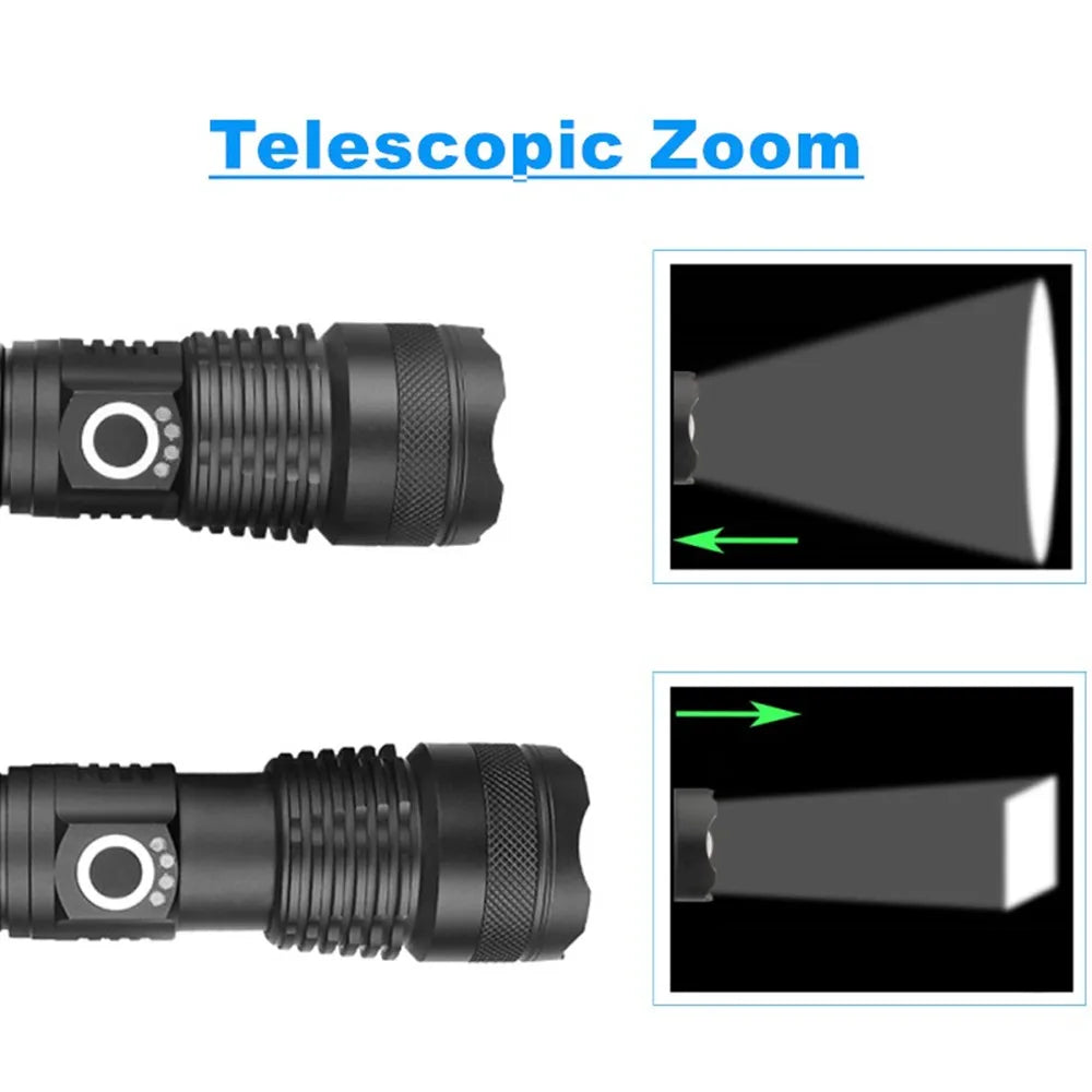 XHP70.2 LED Flashlight Rechargeable Zoom Tactical Torch USB Waterproof Camping Hunting Light