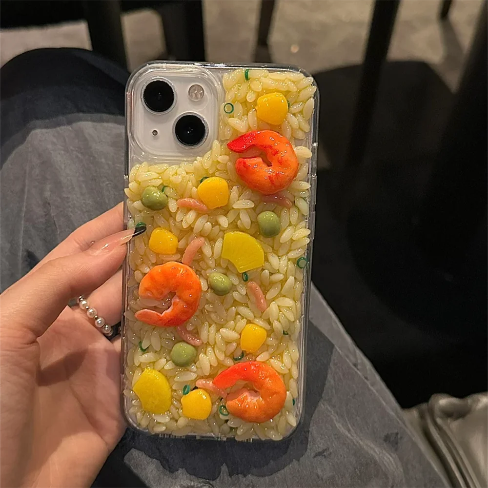 Cute Cartoon Shrimp Corn Fried Rice Phone Case For iPhone 15 13 14 Pro Max Clear Lens Protection Soft Silicone Back Cover