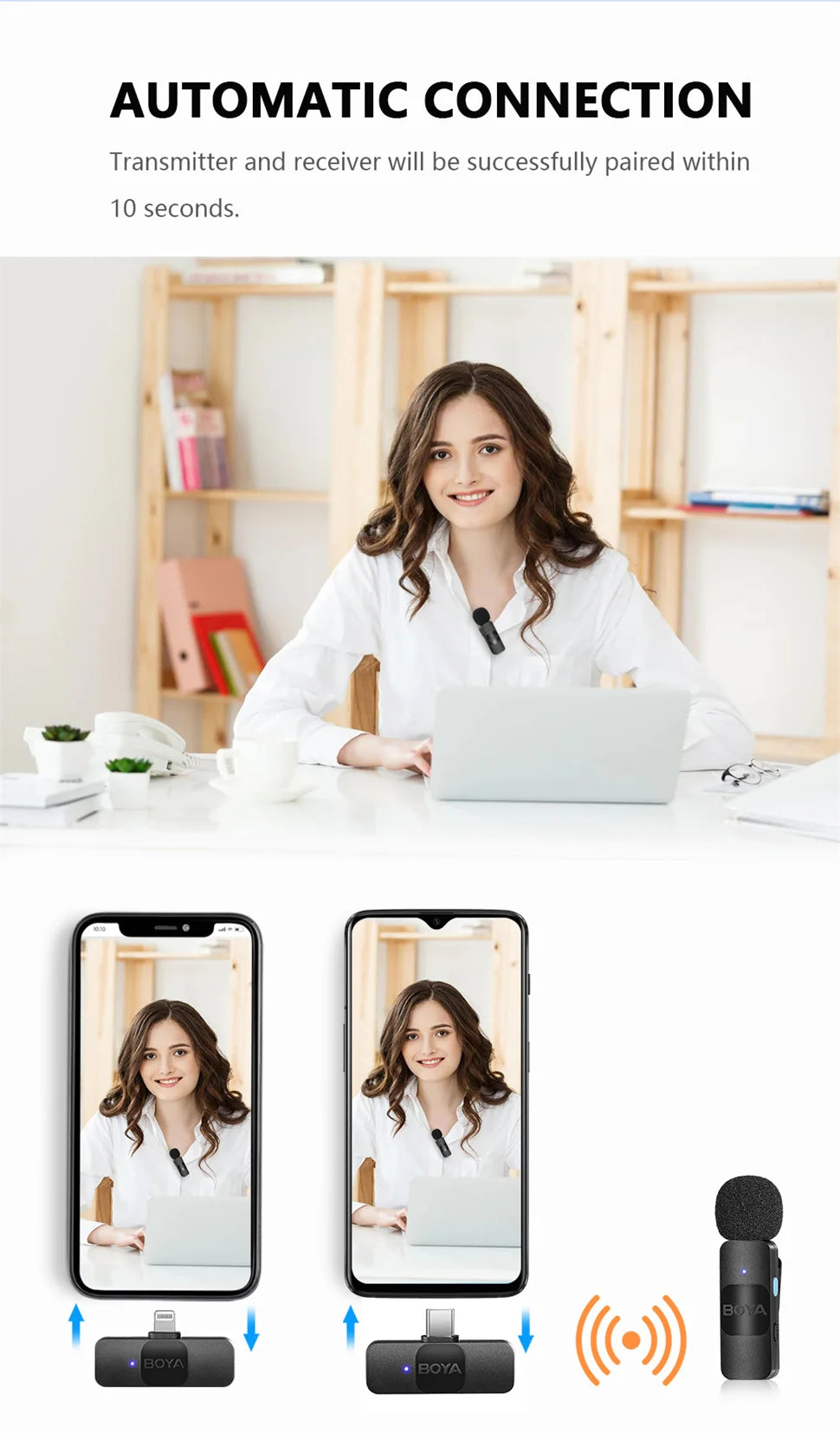 BY-V Wireless Lavalier Microphone for iPhone 15/16 Series Samsung TECNO REDMI Type-c Devices Video Recording Streaming Vlog