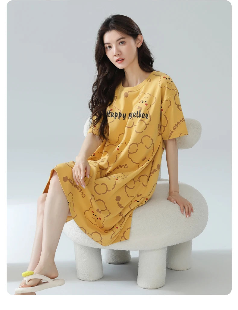 Women’s Cotton Nightgown – Korean Style Cute Print, Summer Short Sleeve Sleepwear Dress