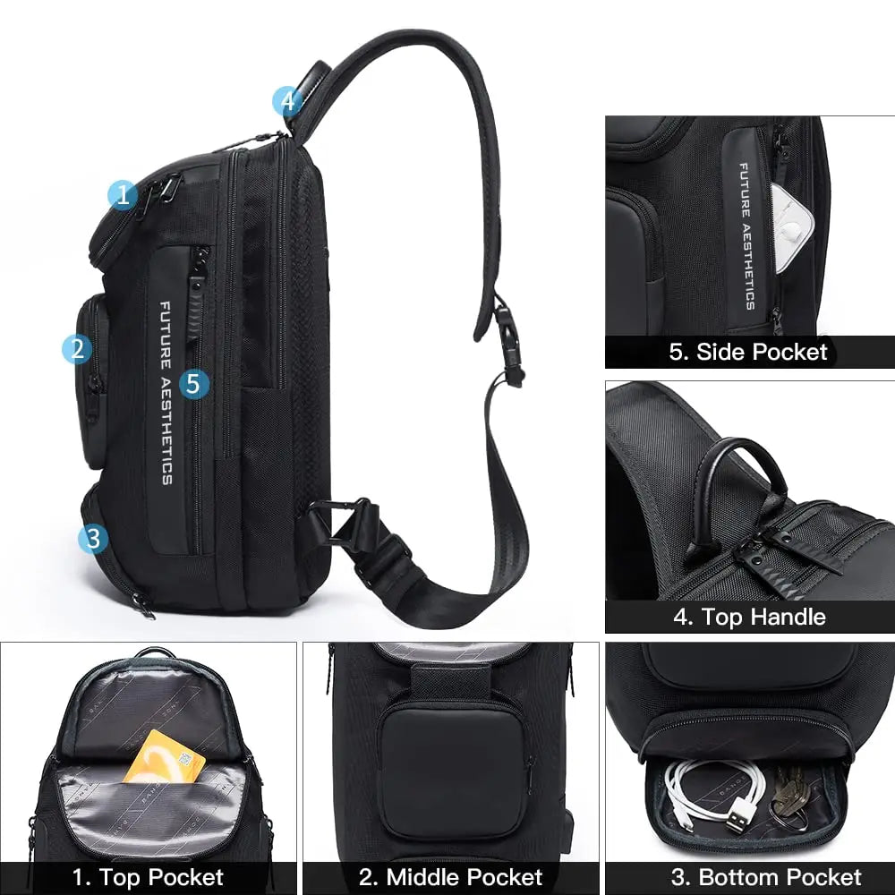Anti-theft Chest Bag Shoulder Strap USB Rechargeable Crossbody School Gym Pack, Men Sports Waterproof Shoulder Bag