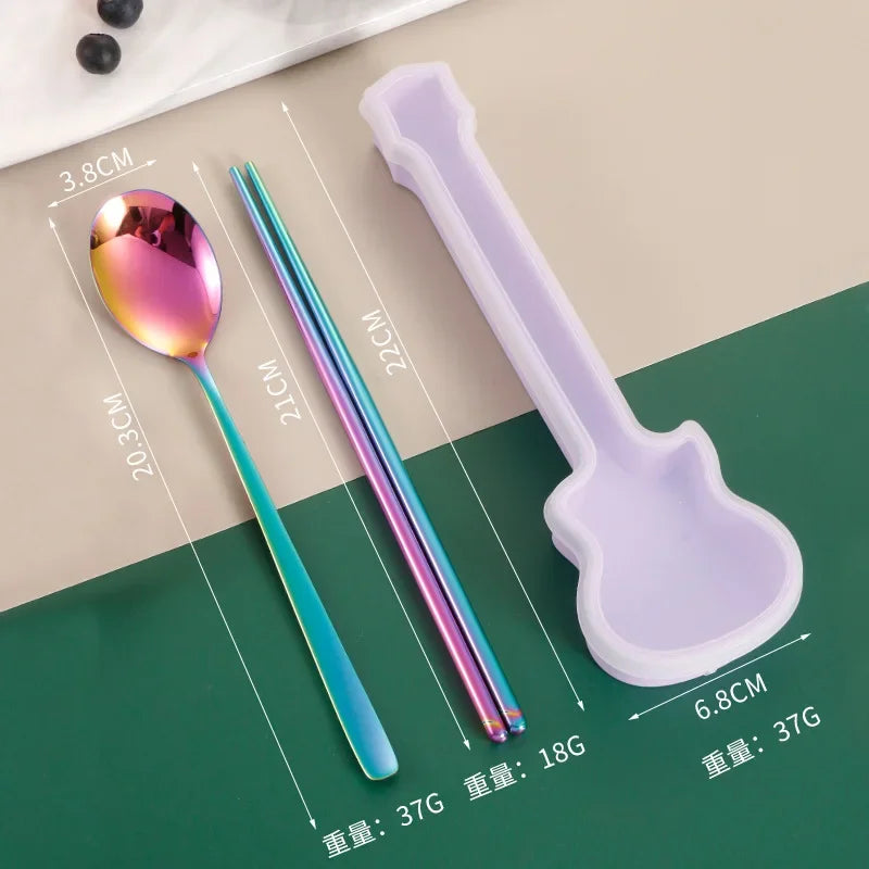 2/3Pcs Cutlery Set Fork Spoon Chopsticks Dinnerware Set 304 Stainless Steel Portable Travel Flatware Guitar Box