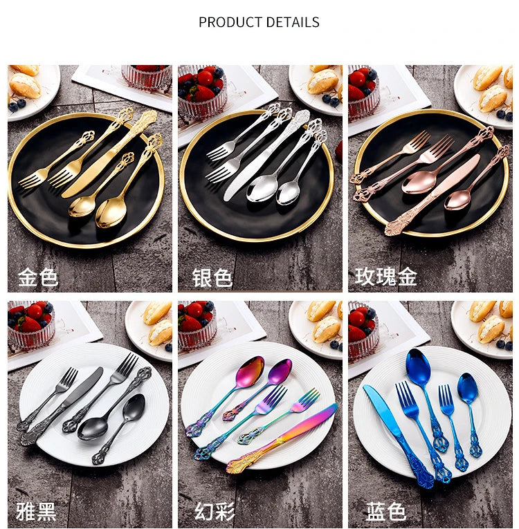 4pcs Gold Stainless Steel Cutlery Set Royal European Spoon Fork and Steak Knife Retro Hollow Design Dinnerware Luxury Tableware