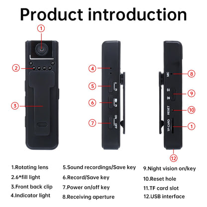 4K HD 1080P Video Recorder Security Camera Night Vision Body Worn Camera Digital Mini Camera Portable DV Camcorder