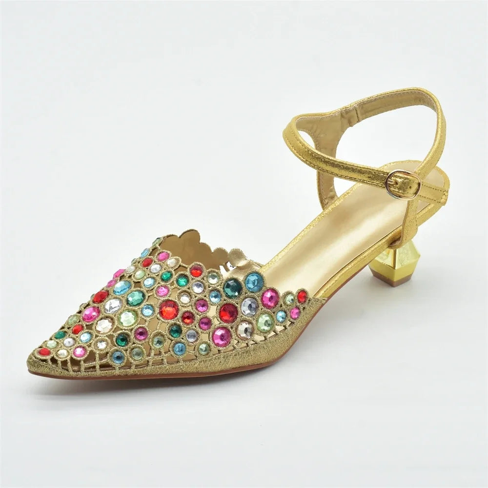 Italian Shoes and Bags Matching Set Rhinestones African Pointed Toe Women High Heel Evening Party Pumps Wedding Shoes Bride