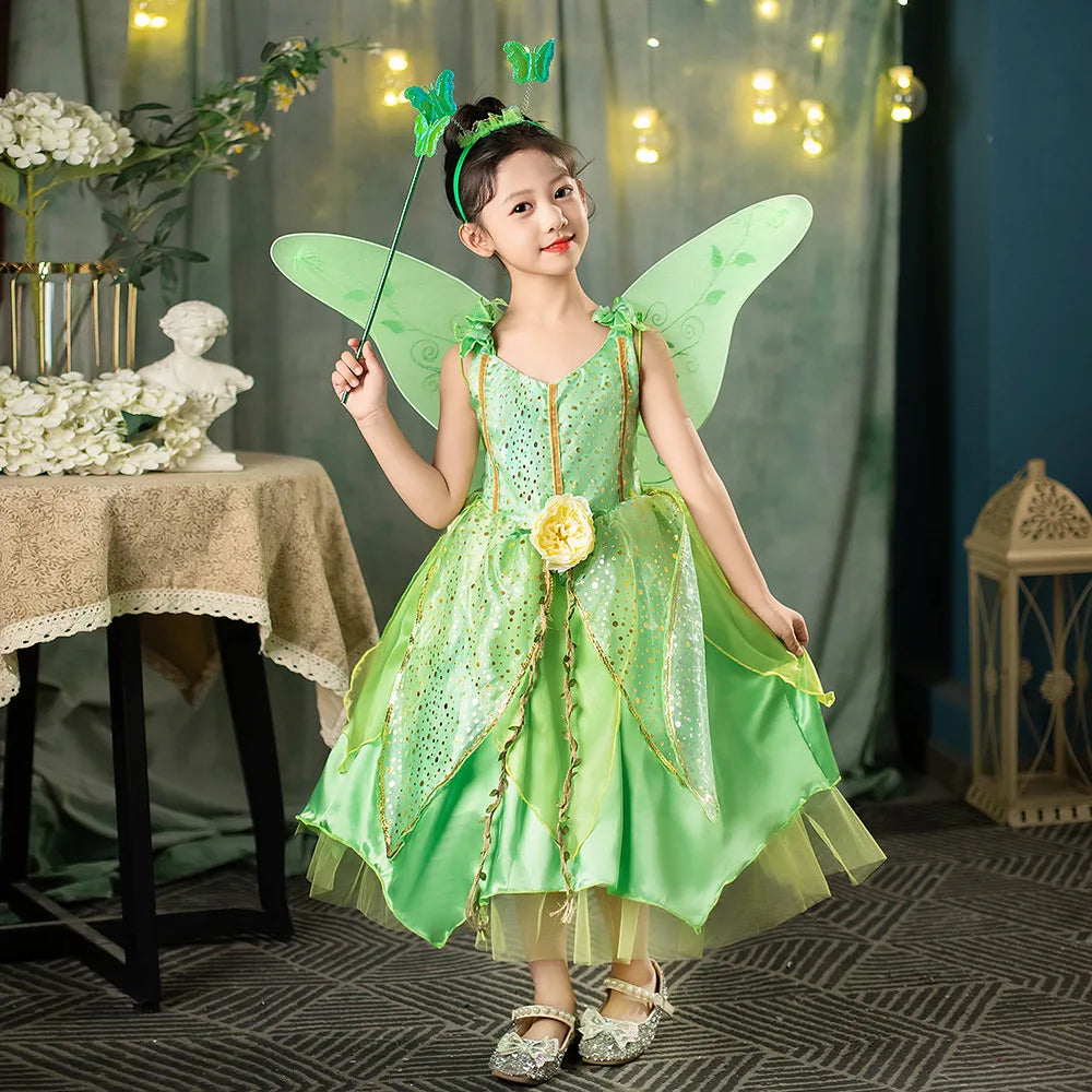 Girl Green Leaf Sequin Fairy Dress Sleeveless Strap Elf Tutu Gown Kids Birthday Party Halloween Cosplay Forest Princess Costume