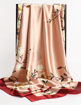 Silk Scarves Women Leaf Print Foulard Satin Square Head Hijab Scarf Ladies Luxury Brand Shawls  Bandana Female Muffler Scarf