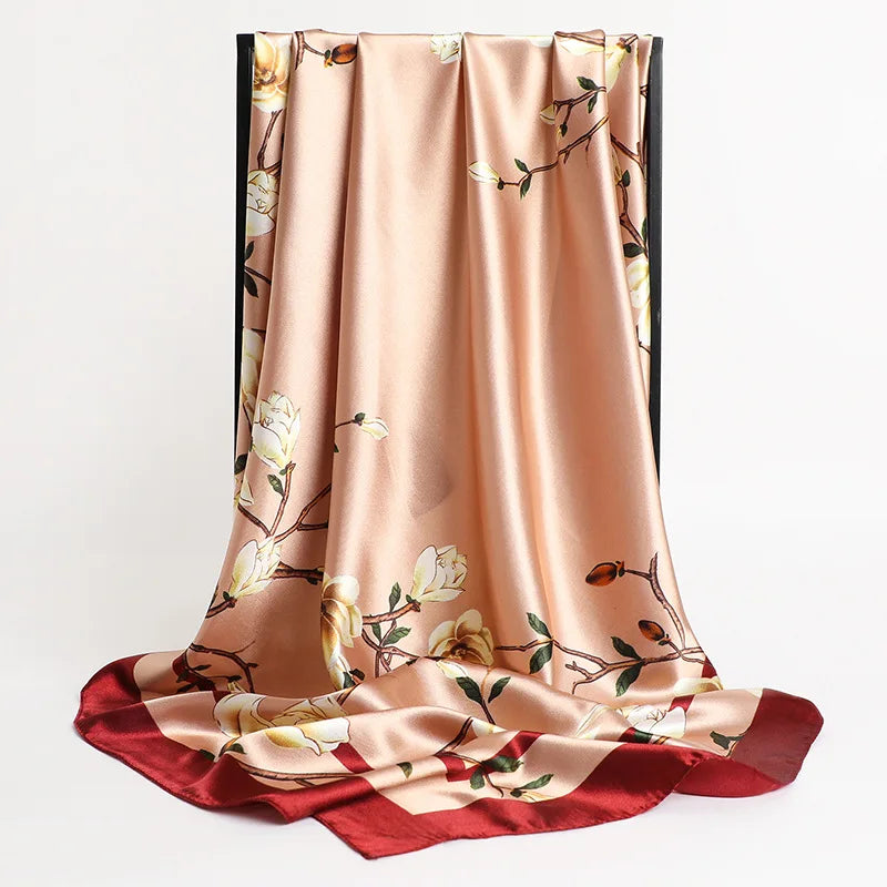 Silk Scarves Women Leaf Print Foulard Satin Square Head Hijab Scarf Ladies Luxury Brand Shawls  Bandana Female Muffler Scarf