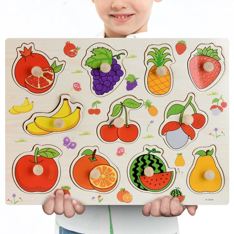Montessori Wooden Puzzles Hand Grab Boards Toys Tangram Jigsaw  Educational Toys Cartoon Vehicle Animals Fruits 3D Puzzles