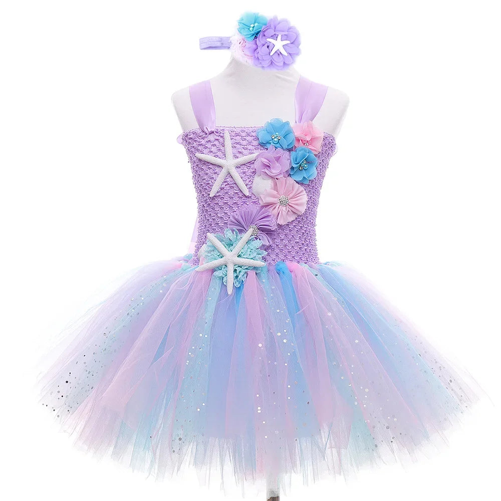 Pastel Mermaid Princess Tutu Dress with Flower Headband Party Costume