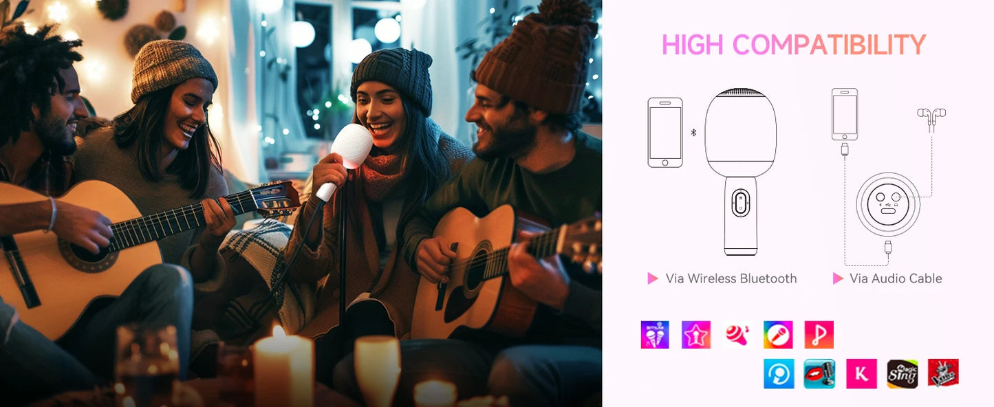 Wireless Bluetooth Karaoke Microphone 5-in-1 Portable Handheld Mic Speaker with Dynamic LED Lights for Car & Party