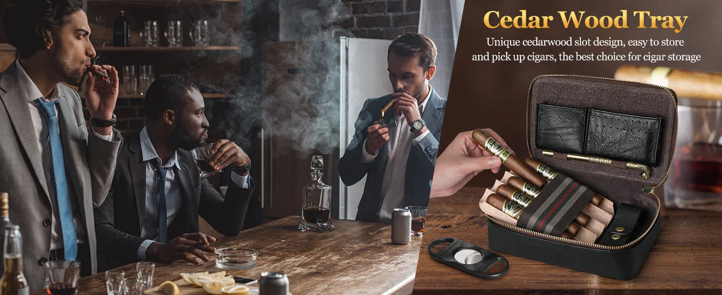 Cigar Humidor, Leather Travel Cigar Humidor, Include Cedar Wood Slot Tray, Cigar Draw Enhancer and Multifunction Cigar Cutter