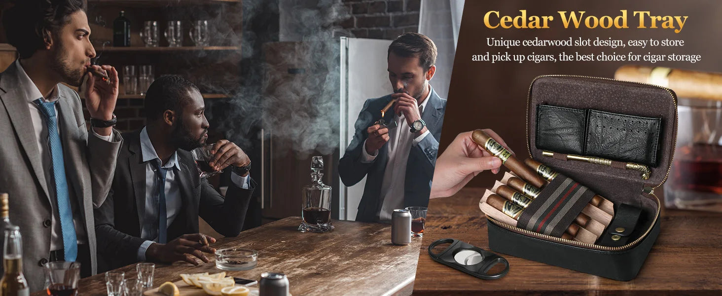 Cigar Humidor, Leather Travel Cigar Humidor, Include Cedar Wood Slot Tray, Cigar Draw Enhancer and Multifunction Cigar Cutter