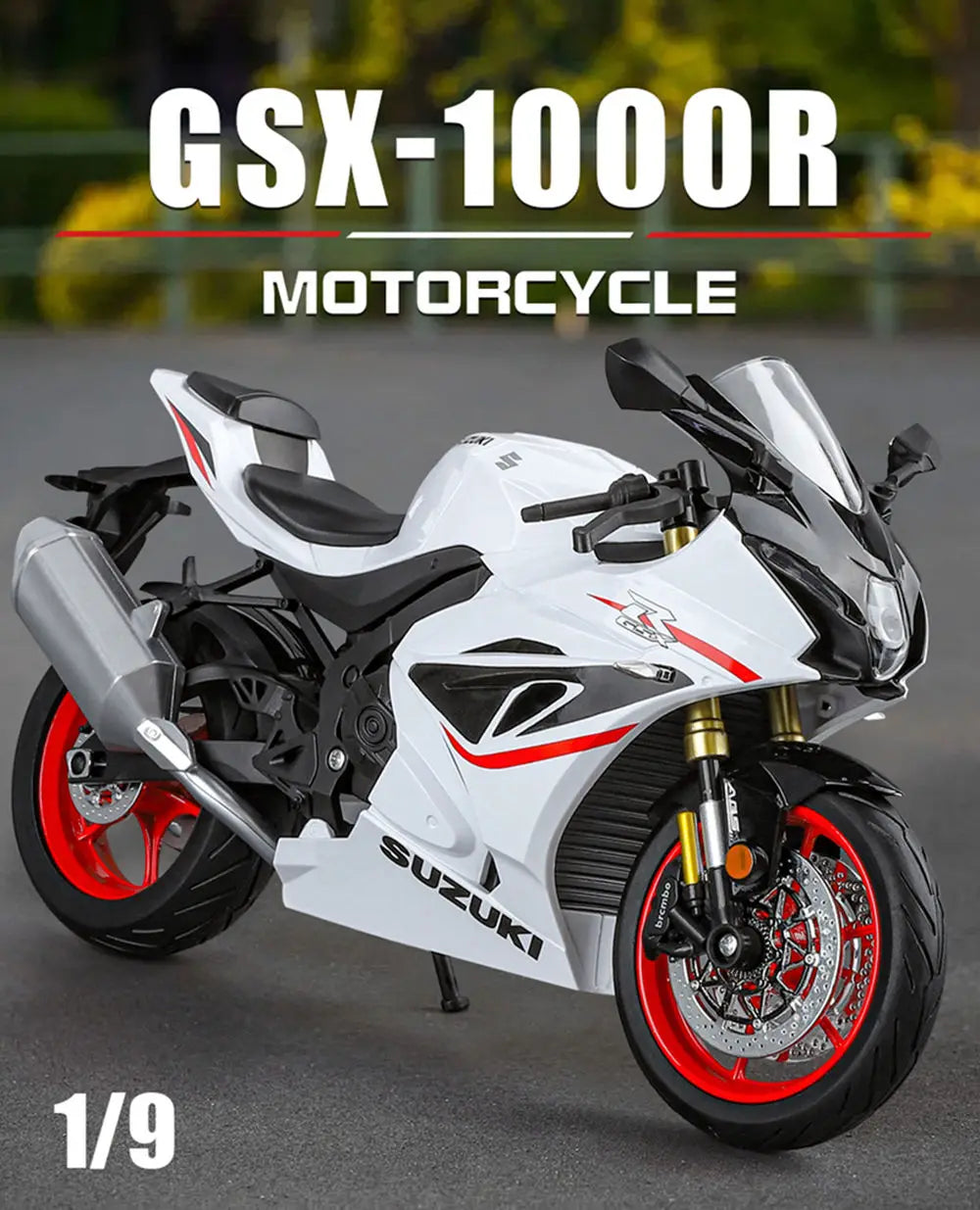 Diecast Suzuki GSX 1000R Racing Motorcycle Model 1 to 9 Scale