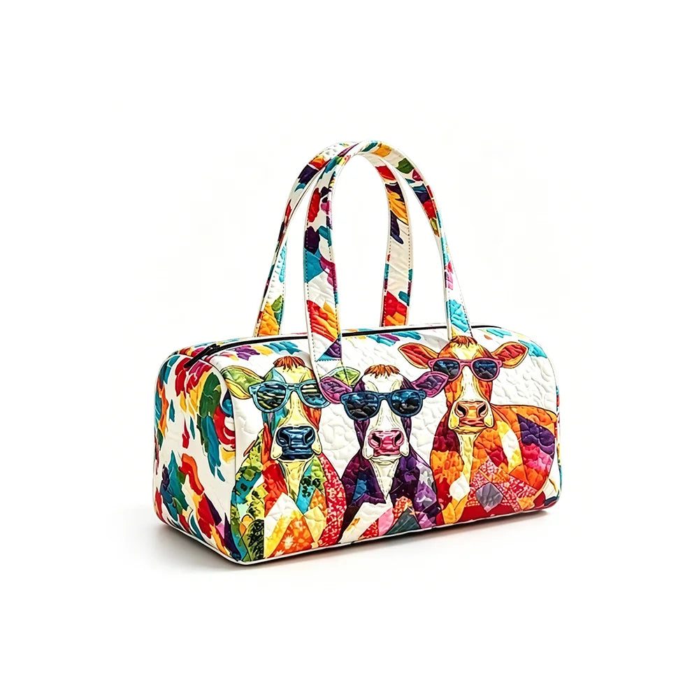 Animal Cow Floral Print Quilted Duffel Bag Weekender Travel Bag Lightweight Overnight Carry On Luggage for Gym Sports Getaway