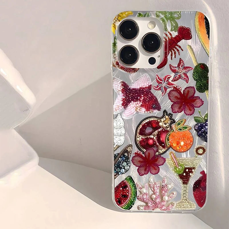 Ocean Elements Fruit Juice Pattern Phone Case For iPhone 16 15 14 Pro Max Shockproof Cover