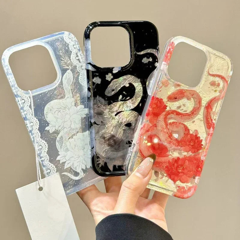 Flower Snake Phone Case For iPhone 16 15 14 16 Pro Glitter Cover