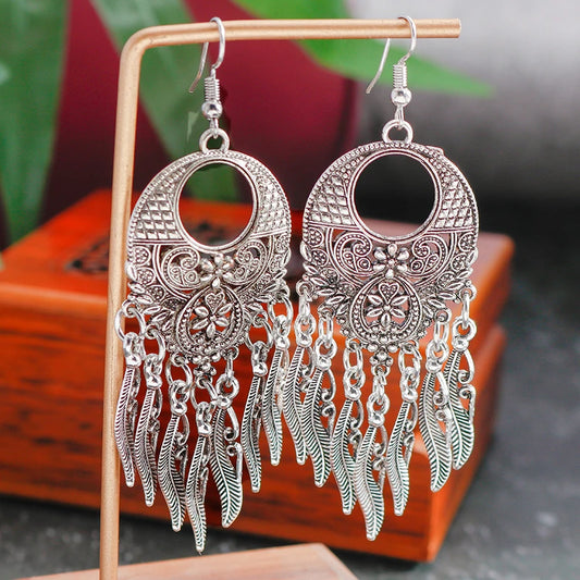 Vintage Tibet Silver Color Big Statement Hollow Carved Flowers Geometric Patterns Leaves Tassel Drop Earrings