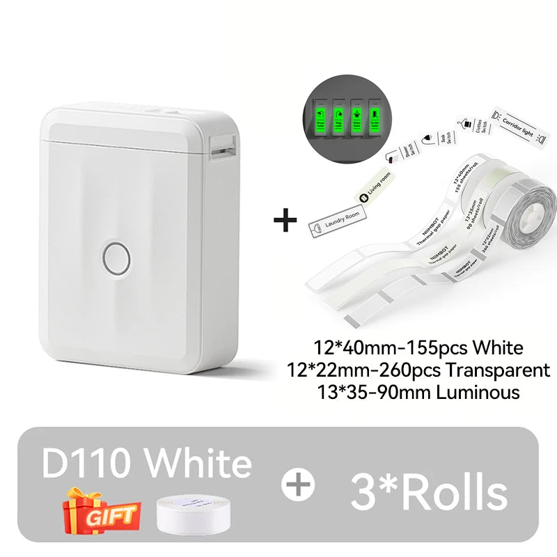 D110 Mini Portable Thermal Label Printer, Bluetooth Wireless Inkless Sticker Maker 12–15mm, Compact Label Machine for Home Organization