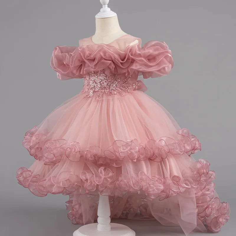 Luxury Off-Shoulder Girls' Dress - Convertible Tulle Ball Gown for Birthday Parties & On-Stage Events
