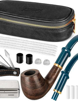 Wood Pipe Set with PU Leather Travel Pipe Pouch, Replaceable Pipe Stem, Pipe Filters and Pipe Accessories