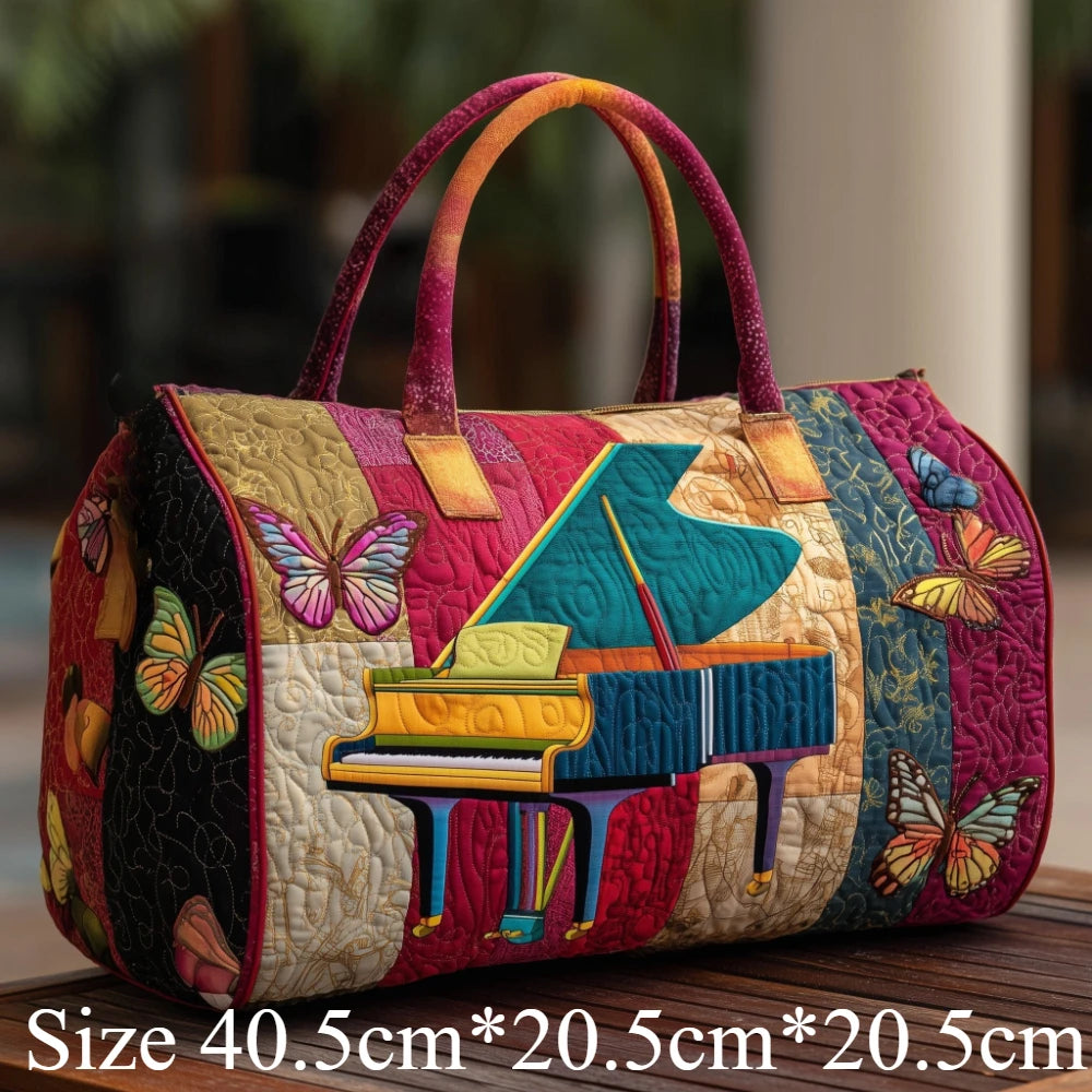 3D Printed Quilted Music Tote Bag Guitar Piano Floral Rose Design Travel Duffle Bag Carry on Luggage Unique Weekender Bag