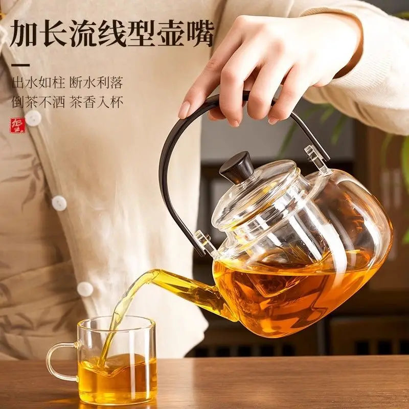 Heat Resistant Glass Tea Kettle with Filter Bamboo Handle Flower Tea Pot 1L