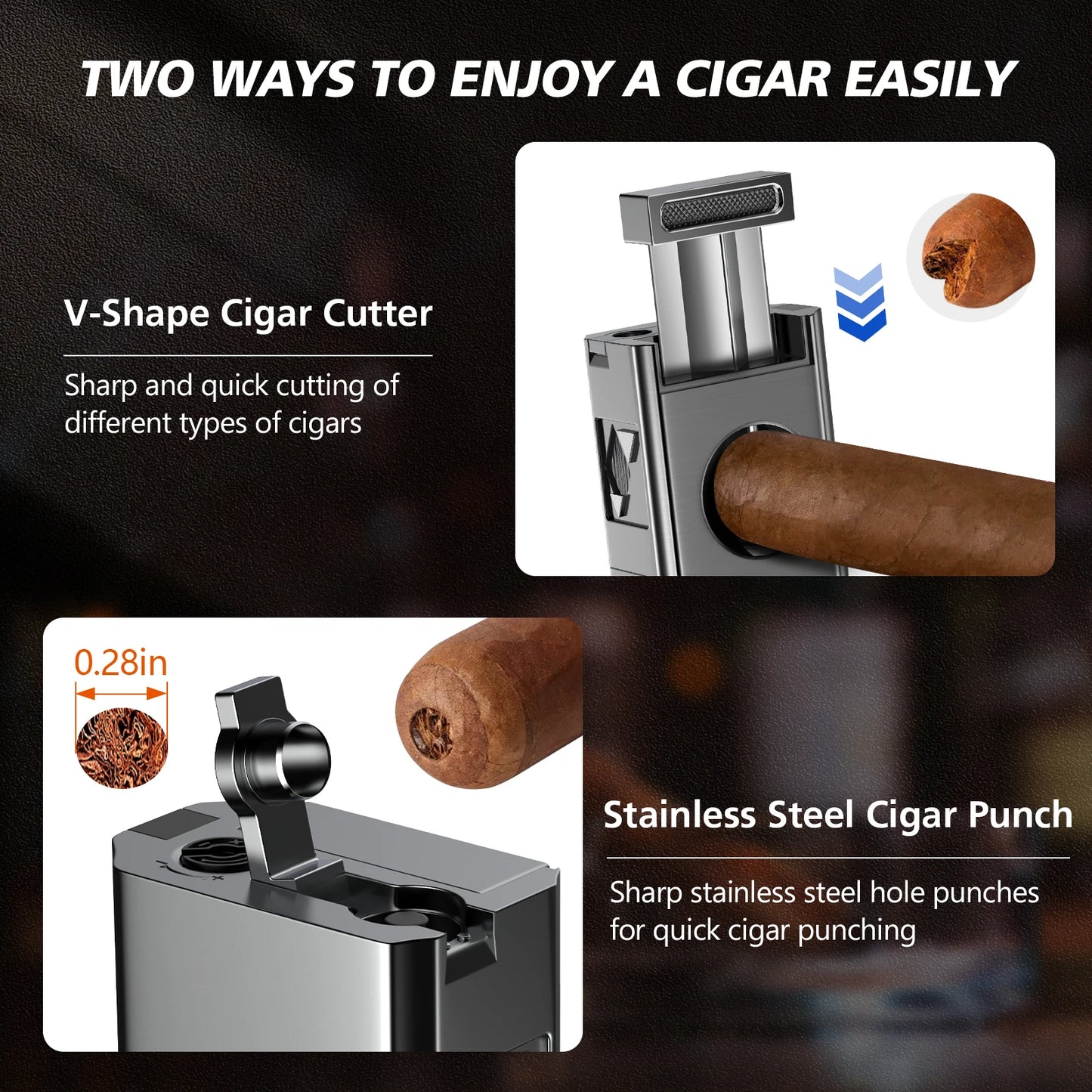 Cigar Lighter 4 Jet Flame Cigar Lighters with Cigar Cutter Cigar Accessories Cigar Draw Enhancer Windproof Refillable Butane