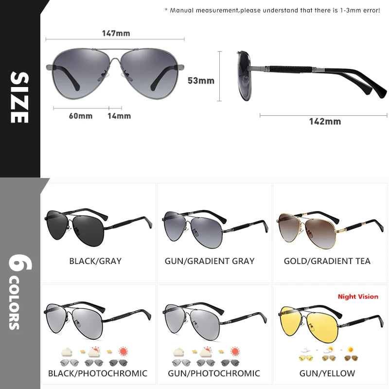Titanium Memory Metal Photochromic Polarized UV400 Pilot Sunglasses for Men Women