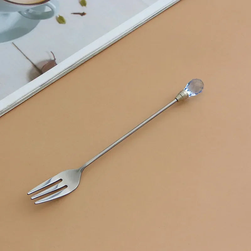 Stainless Steel Diamond Coffee Spoon and Fork Set Creative Crystal Long Handle, Perfect for Desserts, Ice Cream, Cake, and Fruit