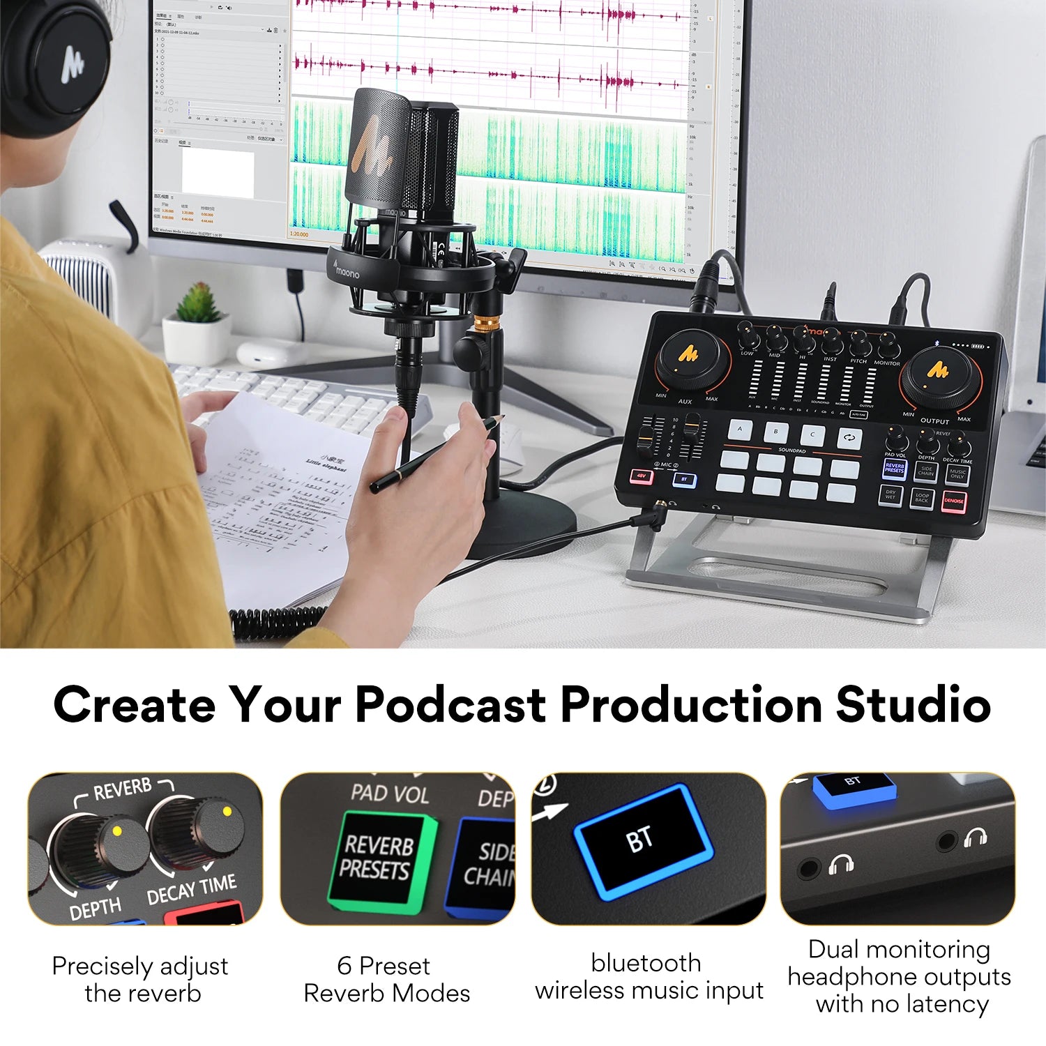 AME2 Audio Interface Sound Card DJ Mixer All in One Portable Podcast Studio for Recording,Live Streaming,Youtube,Guitar,PC