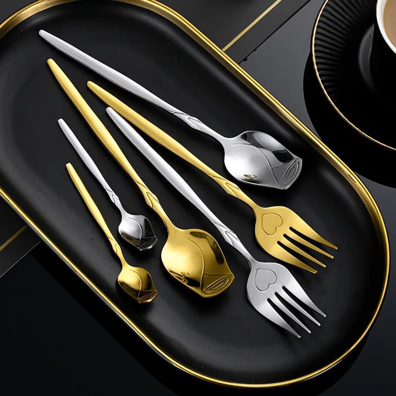 Long Handle Coffee Spoon Stainless Steel Rose Mixing Spoon Pretty Flower Teaspoons for Dessert Honey Salad Cake Tea Home Decor