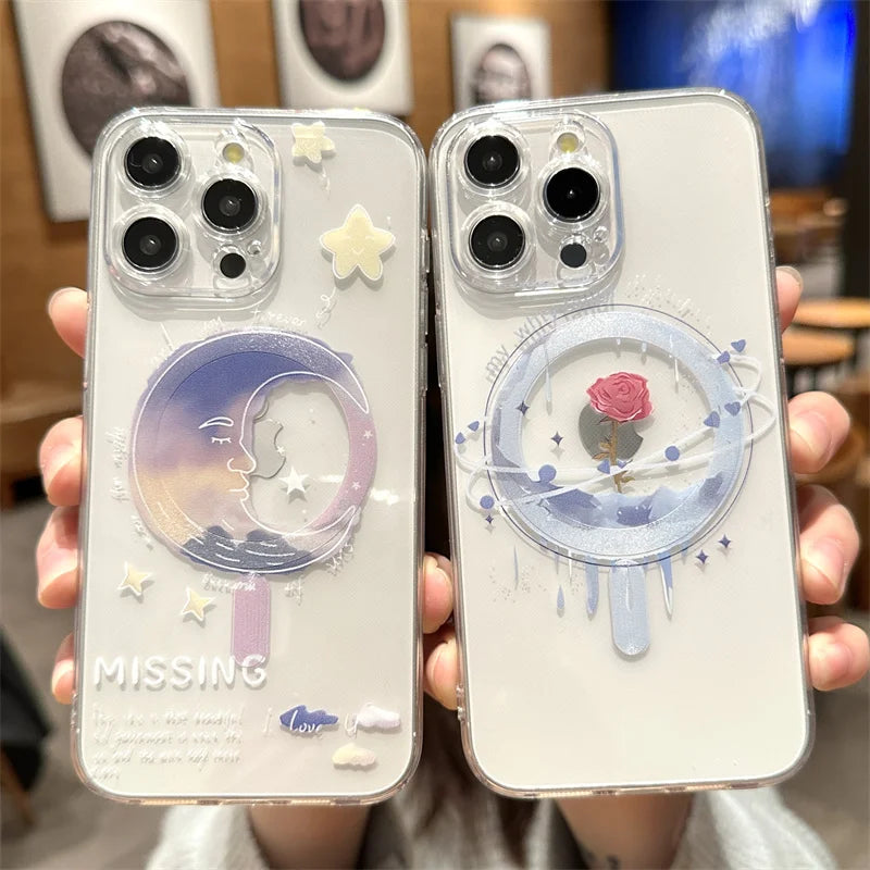 Magsafe Magnetic Transparent Cartoon Rose Flower Phone Case iPhone 16 15 14 Pro Max 16 Plus Wireless Charge Clear Funda