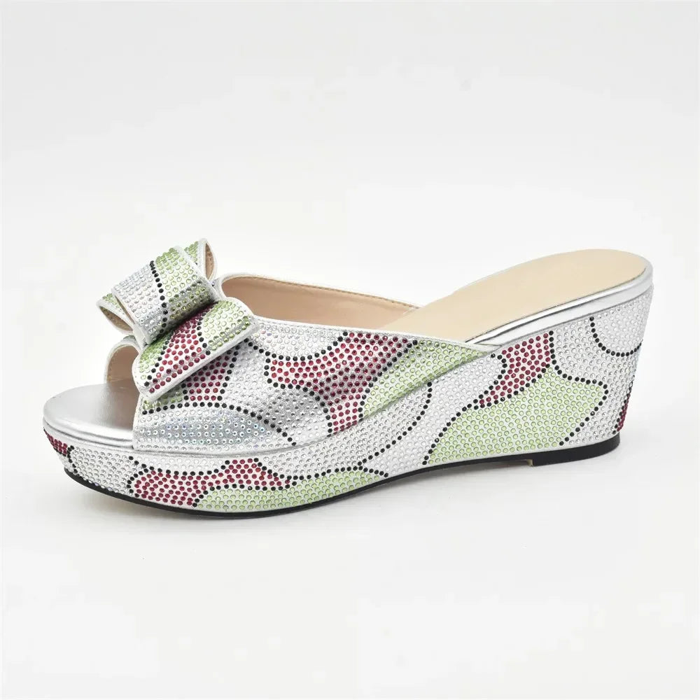 Design Italian Shoes and Bags Matching Set Decorate with Rhinestone Wedges Shoes for Women Luxury Round Toe Platform Shoes