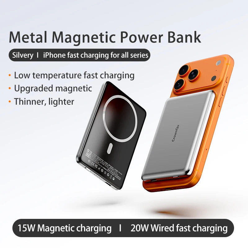 Metal Magnetic Wireless Power Bank 20W USB-C Fast Charging Protable External Battery for iPhone 17 16 15 14 13 12 Smartphone