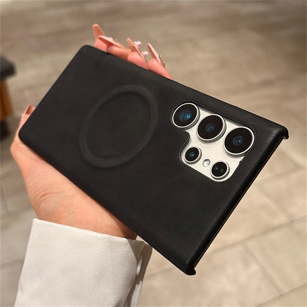 Luxury Leather  For MagSafe Wireless Charging Phone Case For Samsung S23 S24 S25 Ultra Lambskin Solid Color Hard Cover