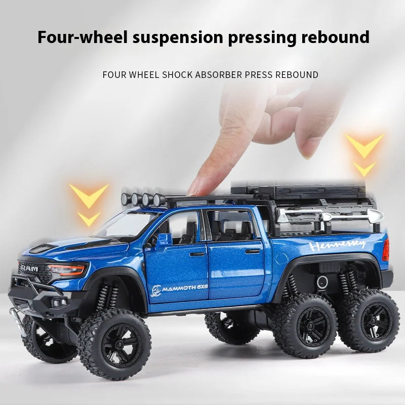 ﻿1:32 Dodge Tyrannosaurus Rex RAM 1500 TRX 6*6 Warlord Alloy Miniature Car Diecast Metal Scale Model Sound ＆ Light Toy Car