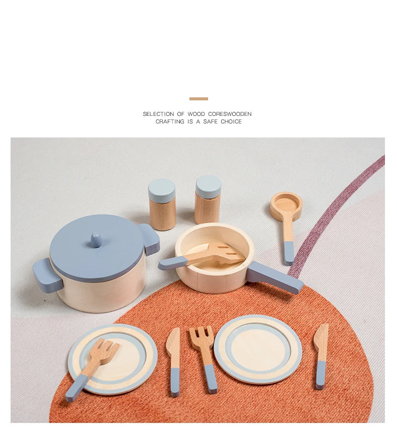 Wooden Pretend Play Kitchen Set with Pots Pans and Utensils