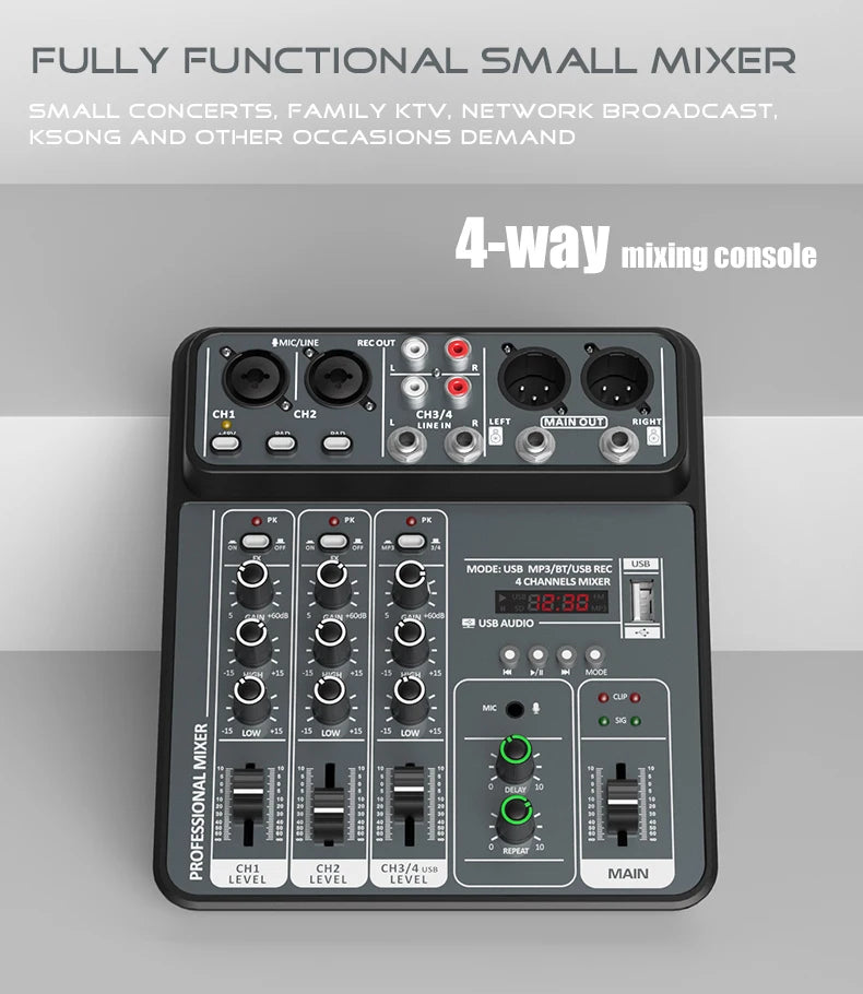 4 Channel Audio Mixer With Bluetooth USB And 48V Phantom Power