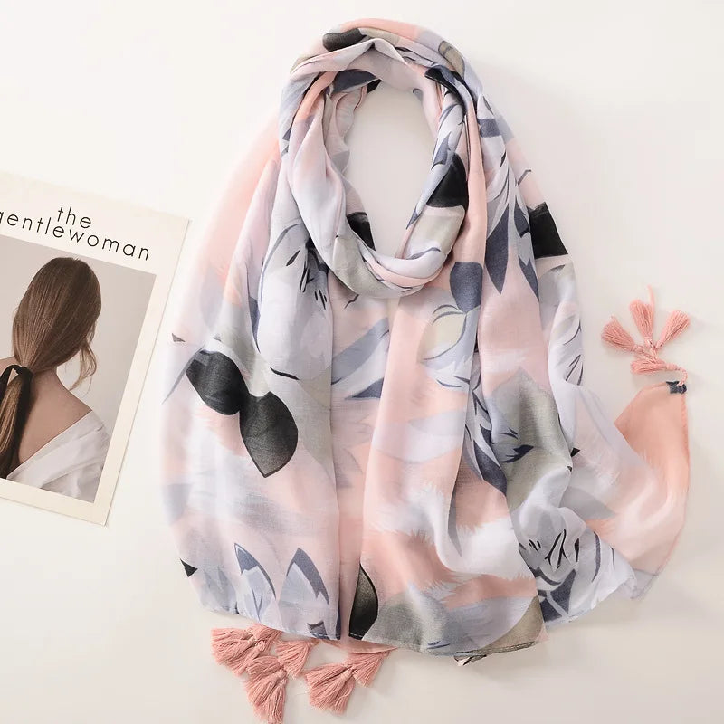 Beige Coffee Scarf Luxury Thin Women Scarves Spring Floral Hijab Veils Soft Cotton Shawl Wrap Tassel Viscose Muslim Woman Hijab