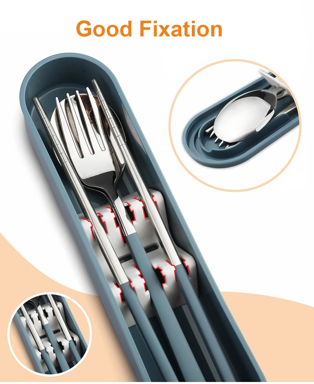 Portable Stainless Steel Cutlery Set with Storage Box, 304 Steel Fork Spoon, Travel Flatware for Student Outdoor, Dinnerware Set